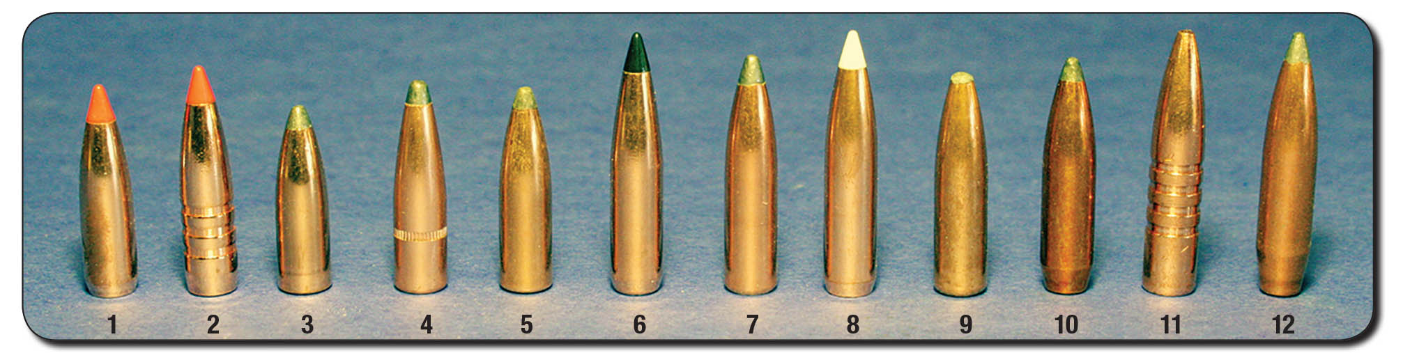 The 7x57 works very well with a wide variety of big-game bullets from 120 to 175 grains. The 7mm bullets shown here include the (1) Nosler 120-grain Ballistic Tip, (2) Barnes 120 Tipped TSX, (3) Speer 130 Hot-Cor, (4) Hornady 139 Spire Point, (5) Nosler 140 Partition, (6) Swift 150 Scirocco II, (7) Nosler 160 Partition, (8) Nosler 160 AccuBond, (9) Norma 156 Oryx, (10) Sierra 160 GameKing, (11) Barnes 160 TSX and a (12) Sierra 175-grain GameKing.